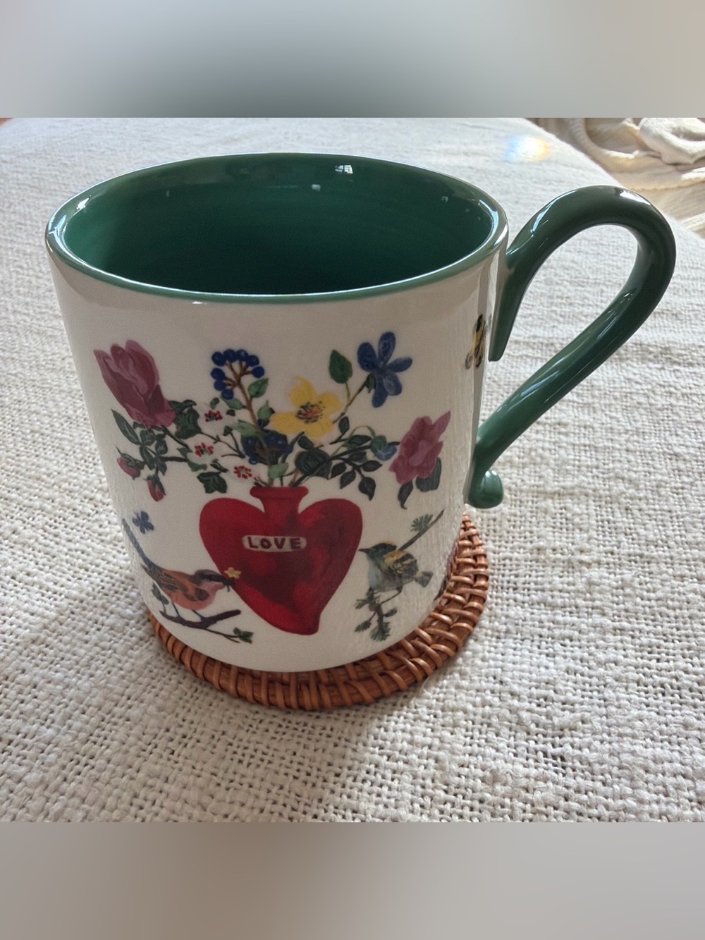 Anthropologie Floral Heart Ceramic Mug with Love Motif
